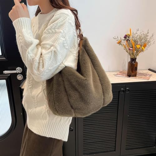 Fluffy Tote Bag, Winter Fuzzy Purses for Women Faux Fur Bag Soft Furry Shoulder Bag3