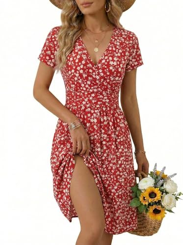 Image of OUGES Casual Summer Dress for Women Wrap V Neck A Line Midi Dresses with Pockets