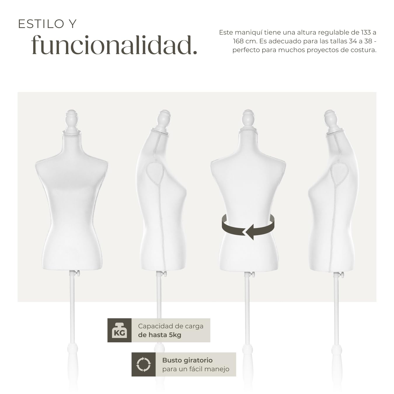 tectake® Busto Maniqui Femenino de Espuma Plástica con Soporte de Madera, ideal para Costurero, Maniqui Costura Ajustable, Montaje sin Tornillos - 77 x 38 x 168 cm Blanco