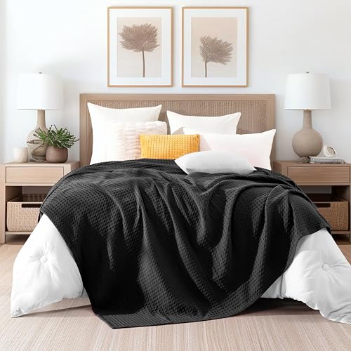 Image of Elegant Comfort Premium 100% Cotton Waffle Blanket - Lightweight Breathable Waffle Weave Bed Blanket - Soft and Warm All Season Blanket for Couch, Sofa and Bed, Queen Size 90x90 Inches, Black
