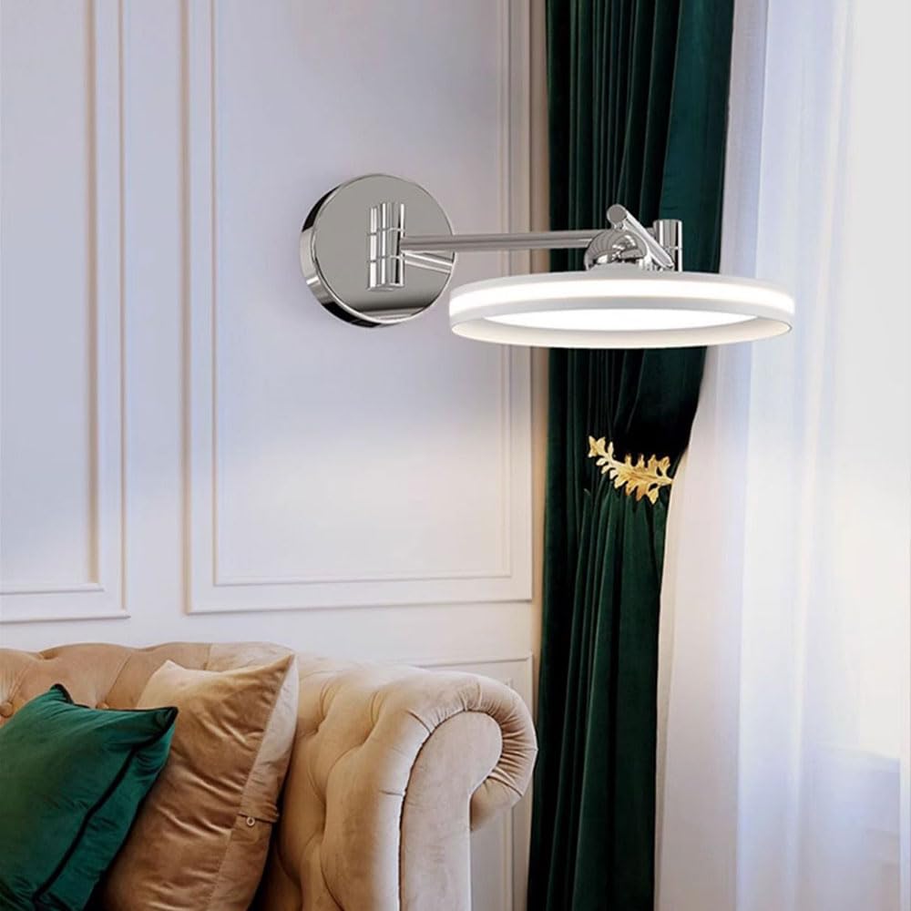 Chromowana lampa ścienna z wysięgnikiem, ultracienka metalowa lampa ścienna z akrylowym kloszem, chowany regulowany kinkiet, okrągłe kinkiety, nowoczesne kinkiety LED – 30 W – 3 kolory