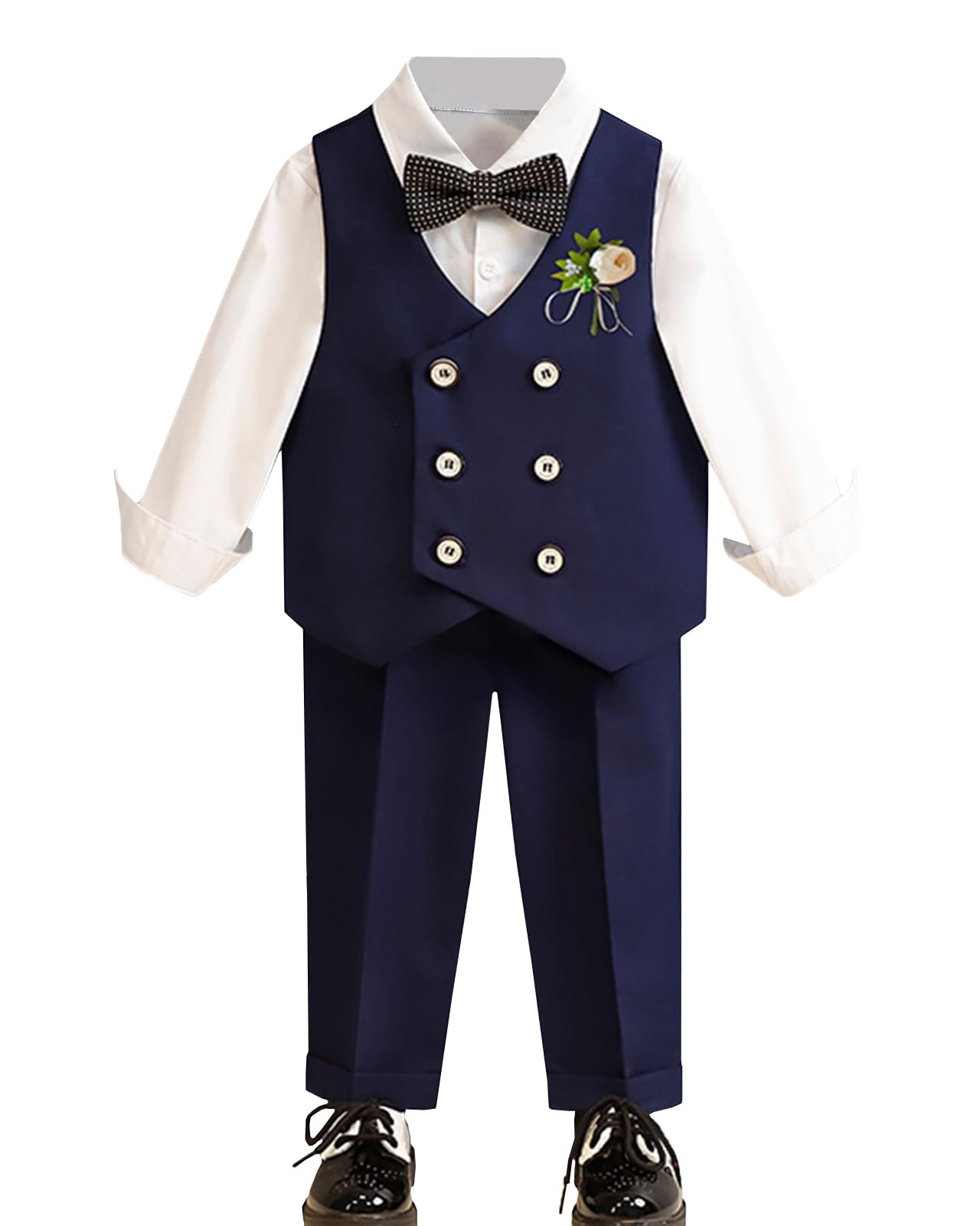 Traje de Caballero para Bebé Niño Set de Camisa + Pantalón + Chaleco + Pajarita + Broche de Flore Conjunto de Ceremonia Bautizo Boda
