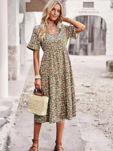 Summer Floral Long Sleeved Casual Bohemian V-Neck Short Sleeved Flowing Beach Long Sun Skirt2