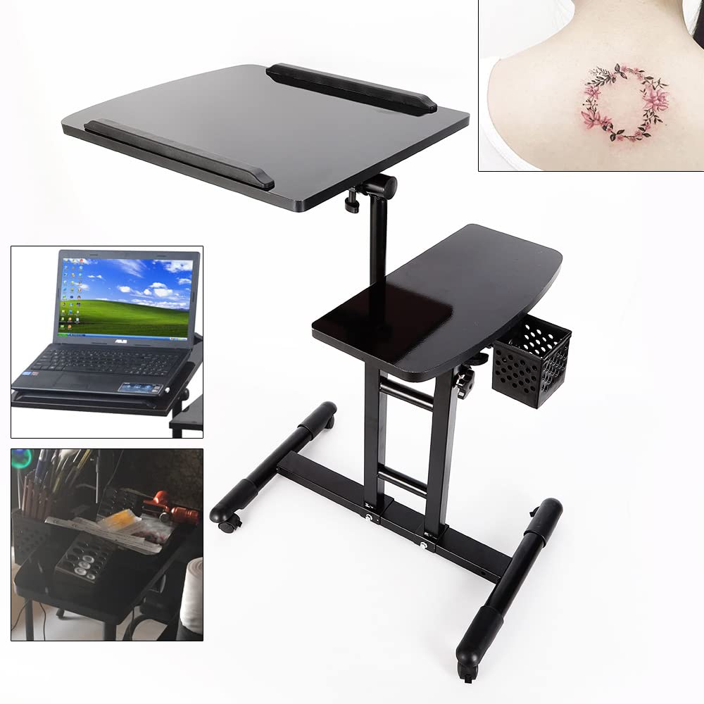 Estación de trabajo de tatuaje ajustable, madera y hierro, rotación de 360°, altura de 95 cm