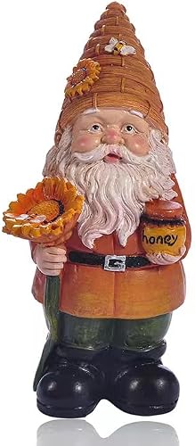 nuodslves Bumble Bee Garden Gnome Statue,Resin Gnome Figurine Holding Sunflower and Honey Jar for Home Farmhouse Kitchen Decor Bee Day Decorations Gifts,6.1Inch