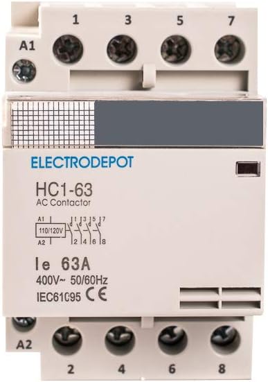 Electrodepot 60 Amp 4 Pole Normally Open IEC 400V Contactor (Silent Operation) – 110-120VAC Coil, Inductive 40A, Resistive 60A with Mounting Base for DIN Rail (1 Pack)