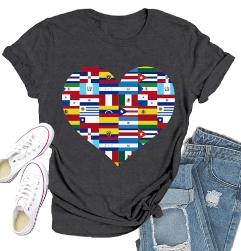 Womens Hispanic Heritage Month Shirt National Latino Countries Flags Printing T-Shirts Heart Printing Tee Tops
