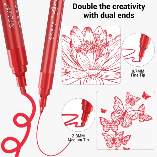 Image of SFAIH Acrylic Red Paint Pens - 8 Pack 2-3MM Medium Tip & 0.7MM Extra Fine White Paint Marker for Rock Painting, Wood, Metal, Fabric, Canvas, Glass, Ceramic, Diy Crafts