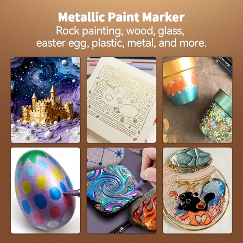 Image of TRANSON 12Colors Metallic Paint Markers Bold and Fine Dual-tip for Rock Wood Ceramic Canvas DIY Painting Drawing