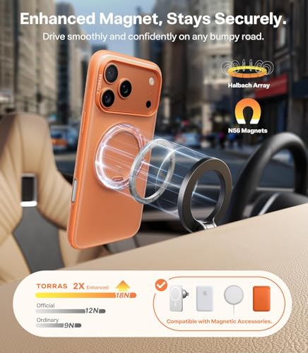 Image of TORRAS 360 Magnetic Stand for iPhone 17 Pro Case, [Fit for MagSafe] [Rotatable Ring Kickstand] [4X Mil-Grade Shockproof] Slim Phone Cover, Camera Button, Cosmic Orange, Translucent, Ostand O3 Fitness