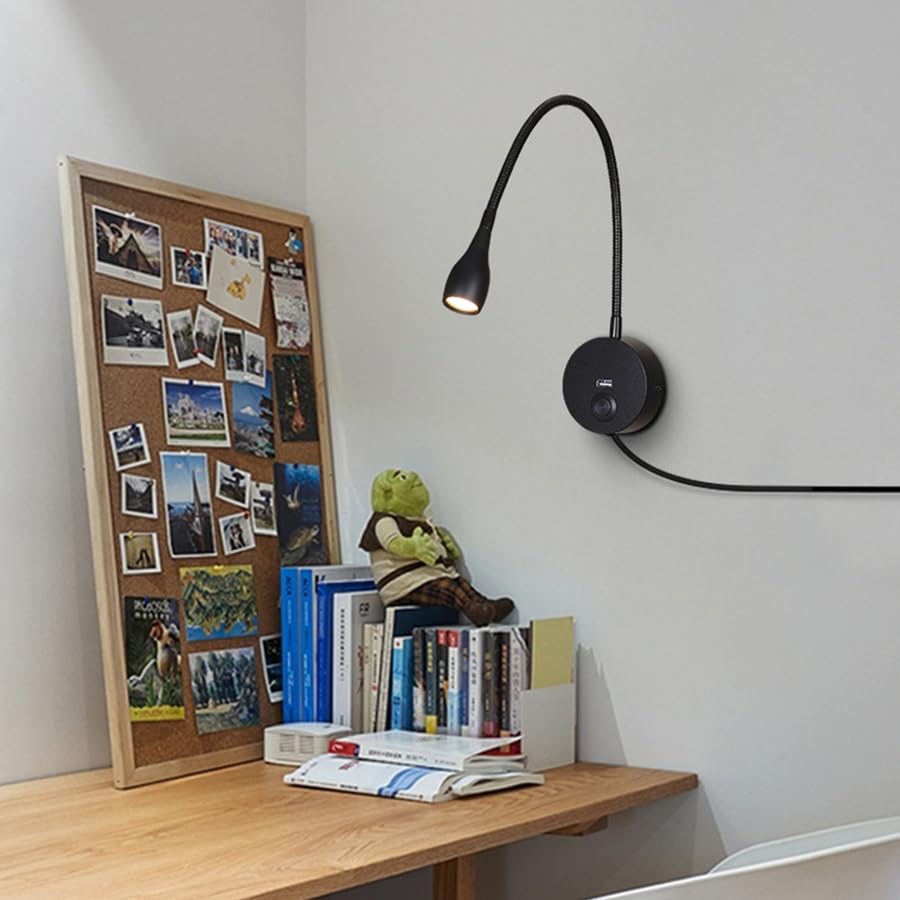 Image of LED Reading Lamp 3W Warm White 3000K Touch Dimming Switch USB A Charger for Reading Books Black Plug Cord 1 Pieces (US028-BK)