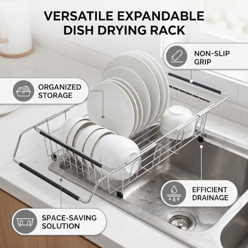 Rejilla extensible para secar platos Luocute: evite charcos con el escurridor sobre fregadero 6