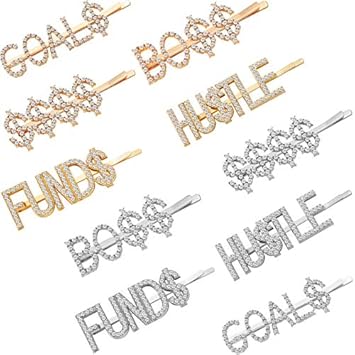 10 Pieces Dollar Sign Hair Pins Letters Bobby Pins Words Rhinestones Hair Clips Bling Crystal Letter Barrettes for Women Girls Hair Accessories (Classic Style)
