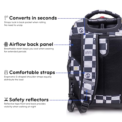 Image of J World Sunrise Kids Rolling Backpack with Wheels for Girls Boys, Roller Bookbag for School, 18 x 13 x 9 Inches, Icon Checkers