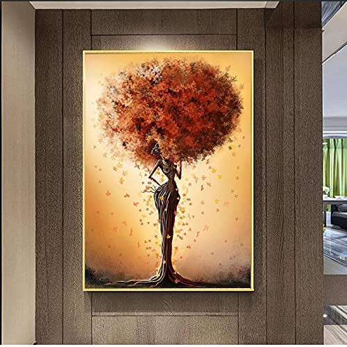 Art mural arbre africain fille noire affiche feuilles colorees 70x100