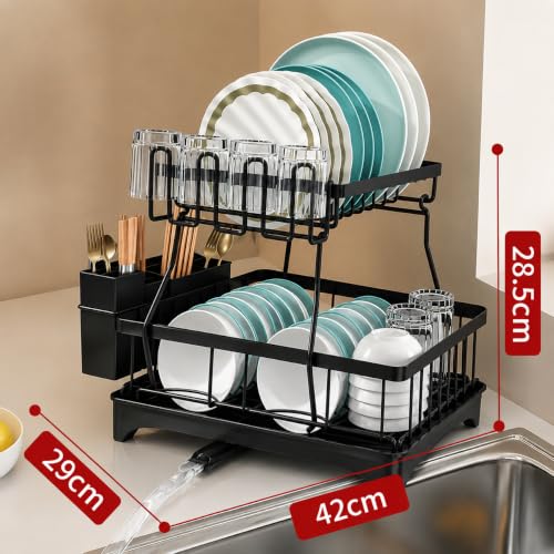 Image of HomeCloud 2-Tier Kitchen Dish Drying Rack & Drainer | Large Capacity Dish Stand with 360 Flexible Drainage System, Removable Drip Tray, Cutlery Holder & Cup Organizer for Countertop (Black)