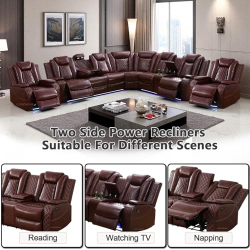 Image of Power Recliner Sectional Sofa Set with LED, Living Room Furniture Sets, L-Shaped Recliner Sofa & 2 Chairs, Luxury Sectional Couch with Charging /Storage for Living Room