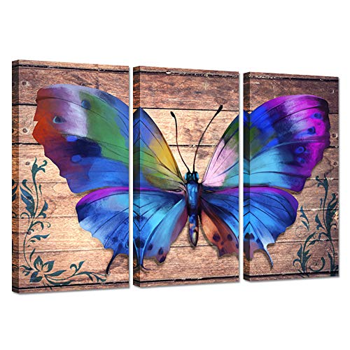 Ihappywall 3 Pieces Insect Canvas Wall Art Colorful Butterfly On Vintage Wood Background Abstract Botanic Animal Canvas Painting Artwork For Home Bedroom Decor Stretched Framed Ready To Hang #TOP9