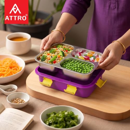 Image of ATTRO JoyBox Steel Lunch Box, 3 Compartment, Stainless Steel Inner Tray, Leakproof Airtight Lid, 4-Side Locks, BPA-Free Food Grade Lunch Box for Kids, School & Office - Purple-750ml