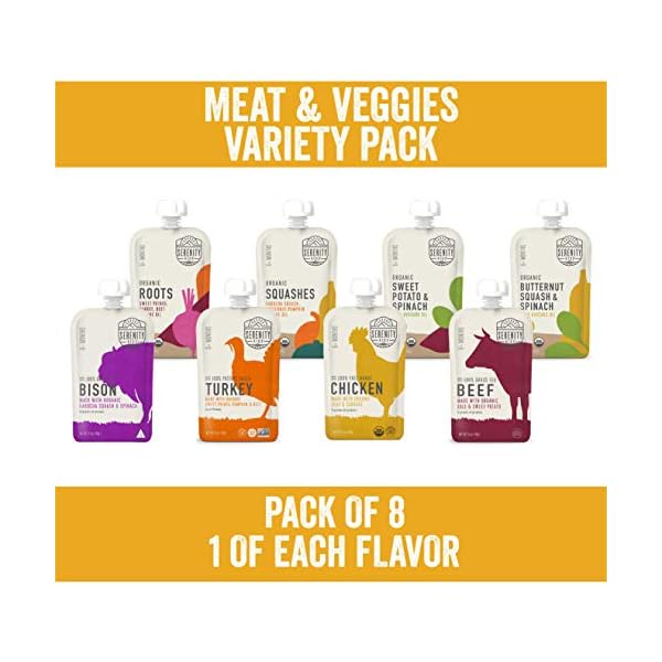 Serenity Kids 6+ Months Baby Food Pouches Puree Made With Ethically Sourced Meats & Organic Veggies | No Sugary Fruits or Added Sugar | Allergen Free | 3.5 Ounce BPA-Free Pouch | Variety Pack | 8 Count