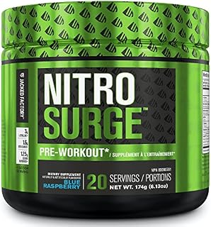 NITROSURGE Pre Workout Supplement - Endless Energy, Instant Strength Gains, Clear Focus, Intense Pumps - Nitric Oxide Booster & Preworkout Powder with Beta Alanine - 20 Servings, Blue Raspberry