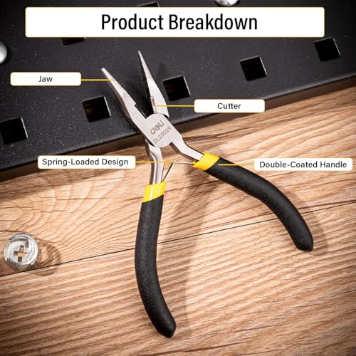Image of Deli DL20026 5 inch Long Nose Pliers with Insulation to AC for Cutting & Gripping Wires High Strength Construction Shockproof Ergonomic Grip (1 Pc)