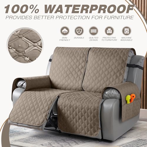 Image of TAOCOCO 100% Waterproof Recliner Covers, Recliner Sofa Covers with Leg Straps, Reversible Recliner Couch Cover for Reclining Chair, Washable Couch Protector for Pets Kids(2 Seater, Taupe)