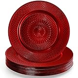 DEAYOU 12 Pack Red Charger Plate, 13-inch Beaded Chargers for Dinner Plates, Plastic Reusable Round Charger Platters for Wedding, Party, Event, Table Setting, Decoration, Holiday