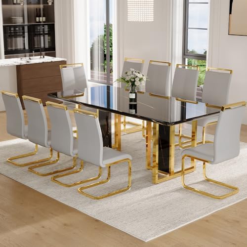79" Black Dining Table Set for 10,Large Dining Room Table Top with Golden Metal Legs,Glossy Black Kitchen Room Table Set for 10-12 Person,Dining Room Table with 10 Light Grey Golden Chairs