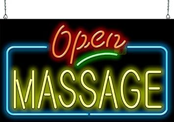 Massage Open Neon Sign - Very Large Size - 37" wide x 22" high - Real, Quality Hand Bent Neon Sign - Red & Yellow Letters with Blue & Green Accent Lines