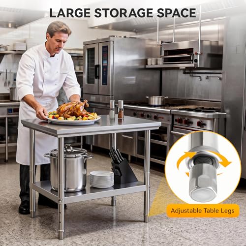 Image of DWVO 30x24in Stainless Steel Table with Adjustable Shelf | NSF Metal Prep Worktable for Kitchen Restaurant Hotel Garage Warehouse Home Commercial