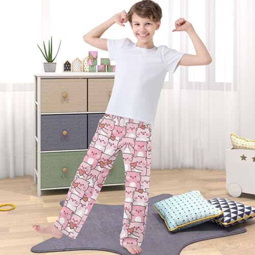 Boy's Pants Cute Pink Pig with Heart Various Poses Jogger Pants Elastic Long Bottoms Trousers with Pockets 6-144