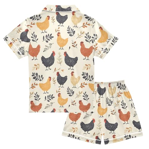 Rooster Leaves Pattern Summer Satin Pajama Set, Cute Button-Down Sleepwear Pj Set for Sleep Wears2