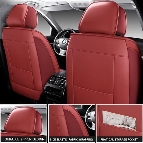 Image of MINGBRON Leather Car Seat Covers,Car Seat Covers Full Set,Automotive Seat Covers,Fit for Most Cars SUV and Most Sedans Red