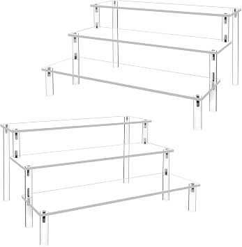 2Pack Acrylic Display Risers,Clear Shelf 3 Tier Cupcake Display Stand Steps for Food Desserts Stand Perfume Organizer Amiibo Funko POP Figures Toys Collections,Small Mini Display Stand for Organizer and Decoration12 x 8 x 6 Inch