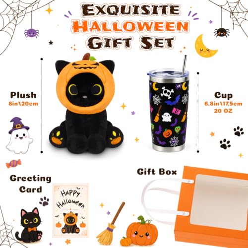 Image of Halloween Plush Gifts Set - Pumpkin Black Cat Plush Gifts for Teens | Removable Costume Stuffed Animal & Coffee Mug Gift Set for Kids, Adults, 20oz Stainless Steel Tumbler with Straw