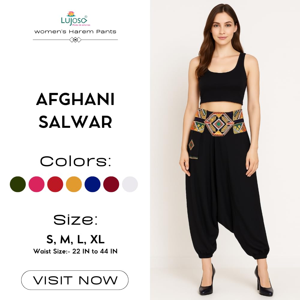 LUJOSO Women High Rise Harem Pants | Stylish Afghani Salwar | Rayon Fabric Pants Loose Fit for Yoga & Dancing | Waist Size 22 to 42 Inches, Free Size (in, Alpha, L, Regular, Black) 1