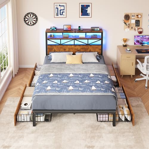 Image of Homkdom Full Size Bed Frame with Large 4 Drawers, 2-Tier Shelf, LED Light and Charging Station, Heavy Duty Platform Bed with 880 lbs Capacity, Easy Assembly,Vintage Brown