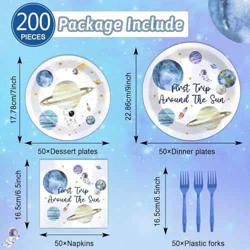 Image of ZOIIWA 200 PCS First Trip Around the Sun Birthday Tableware Disposable 1st Space Party Supplies Outer Space Birthday Party Paper Plates Napkins Forks Baby Shower Decoration Serve 50 guest