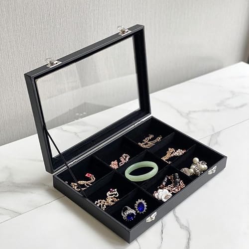 Lexfunn Black 9-Grid Clear Jewellery Case - Transparent Jewellery Storage For Rings, Earrings, Bracelets And Necklaces - Compact And Stylish Organiser - Velvet Lining Jewellery Display Box