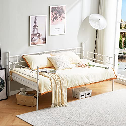 DORAFAIR Diván Cama Metálica Cama Individual Marco de Cama para Niños Habitación Habitación Dormitorio Balcón Jardín Cama 90 x 200cm,Blanco