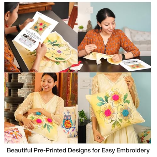 Image of picknMAKE Pack of 2 DIY Cushion Cover Hand Embroidery Kit Set for Beginners - Floral Bloom Cross-Stitch Pillow Covers | Home Decor | 16 inchx16 inch | Digitally Printed Pattern| All Materials Included