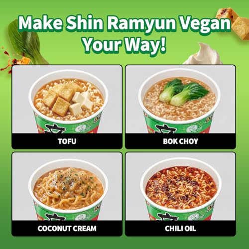 Image of Nongshim Shin Ramyun Vegan Noodles Cup, Spicy Vegan Korean Instant Ramyun, Bold Veggie Flavored Broth, Microwaveable, Quick & Easy, Pantry Essential, 2.64 oz (Pack of 6)
