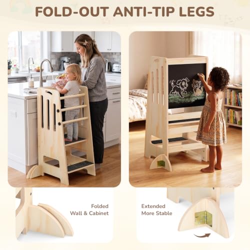 Image of Toddler Tower Kitchen Helper Adjustable Height, Toddler Kitchen Stool with Blackboard, Super Stable Learning Tower with Safety Rails & Soft Non-Slip Pads, Wooden Kids Step Stool(Natural)