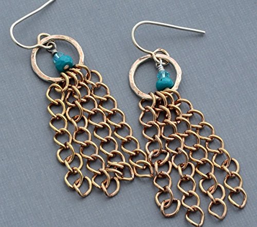 Long little sterling silver dangle hoops with gold brass chain turquoise natural stone dangle earrings womens jewelry