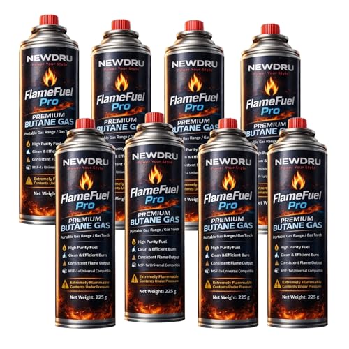 Image of Newdru Butane Gas for Camping Stove | High Pressure Portable Refill Gas Can with Adapter | MSF-1a Universal Compatible | Clean Burn Fuel for Outdoor Cooking, Welding Torch & Lighter - Pack of 8