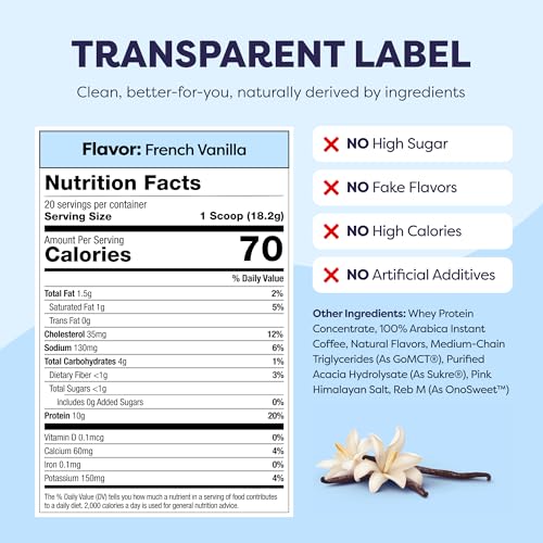 Image of Javvy Protein Iced Coffee - Premium Whey Protein & Iced Coffees, 100% Natural Cold Brew, Zero Artificial Flavors & Sweeteners, 80mg Caffeine, No Added Sugar, 20 Servings, French Vanilla, 1 Pack