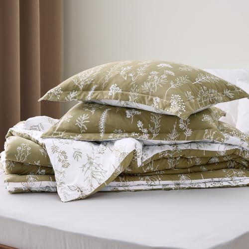 Image of Bedsure Queen Comforter Set - Olive Green Bed Set, 3 Pieces Cute Floral Bedding, 1 Soft Reversible Botanical Flowers Comforter and 2 Pillow Shams