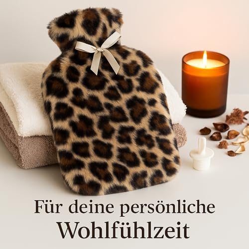 Bouillotte housse peluche léopard MIJOMA douce avec pompons - 3