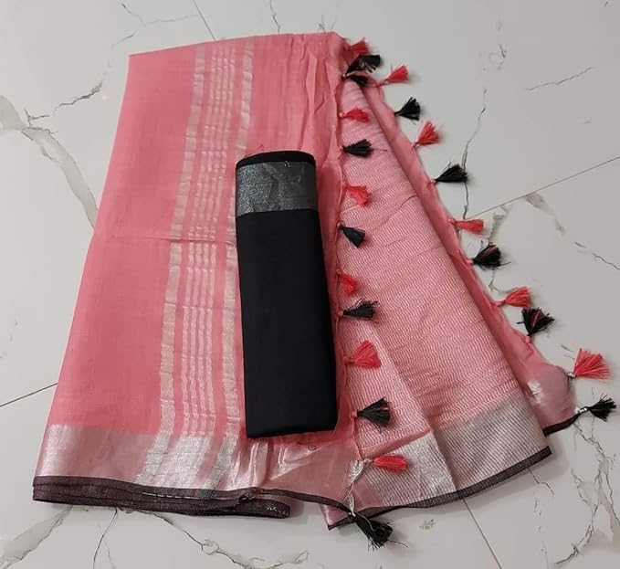 Image of STB-SILK TEXTILES BHAGALPUR Women's Linen Slub Saree With Contrast Blouse Piece